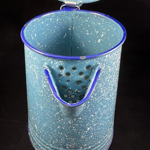 Vintage Blue Spatter Enamelware Coffee Pot Rustic Farmhouse Vase - Picture 7 of 10